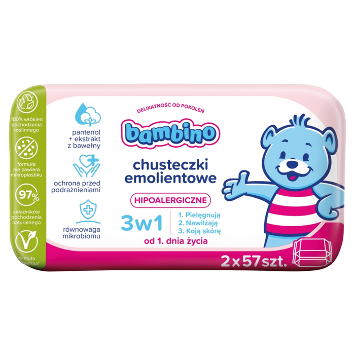 Bambino chusteczki emolientowe 3w1, 2 x 57 sztuk main product photo