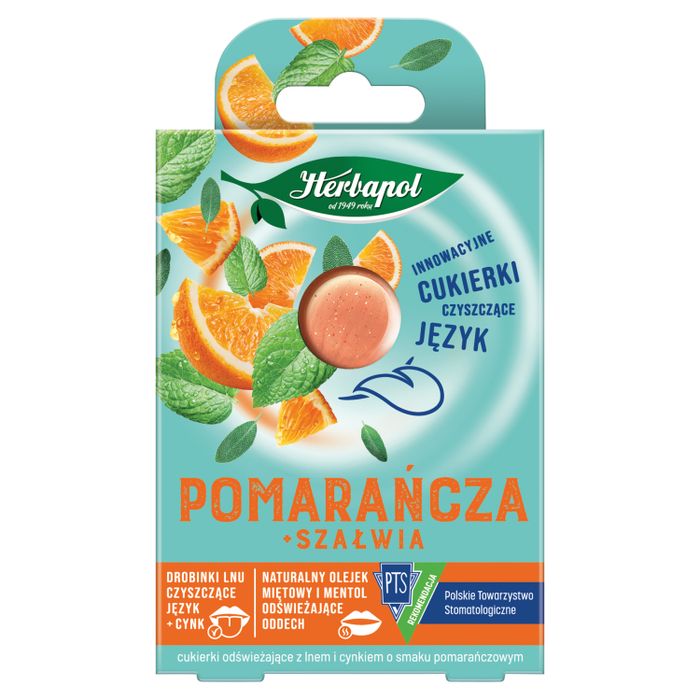 Herbapol Cukierki odświeżające z lnem i cynkiem pomarańcza szałwia 20 g (8 sztuk) main product photo