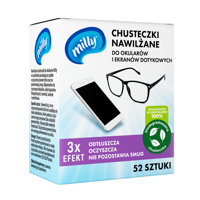 Milly chusteczki do okularów i ekranów 52 sztuki main product photo