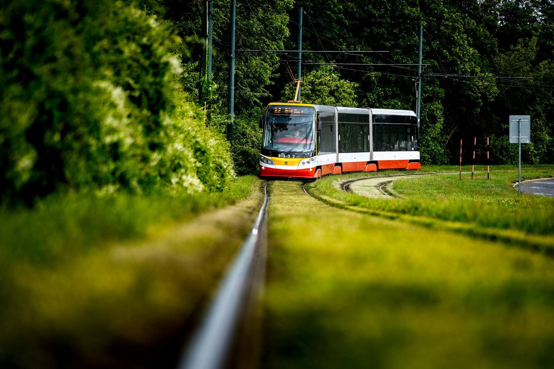 tramwaj jadący wśród zieleni